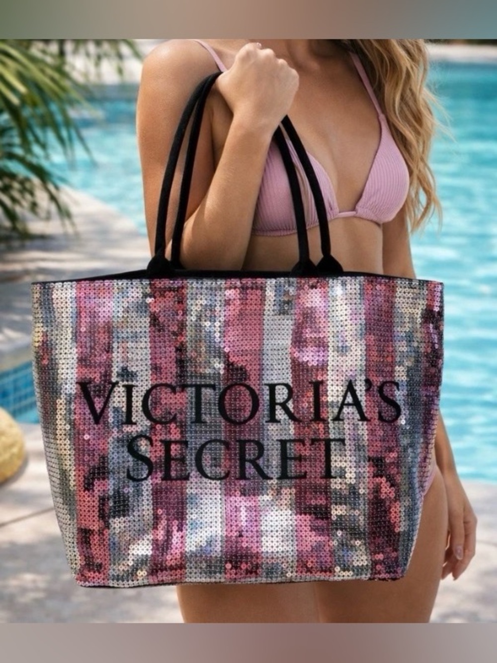 2015 limited edition Victoria's Secret Pink Sequin Striped Tote